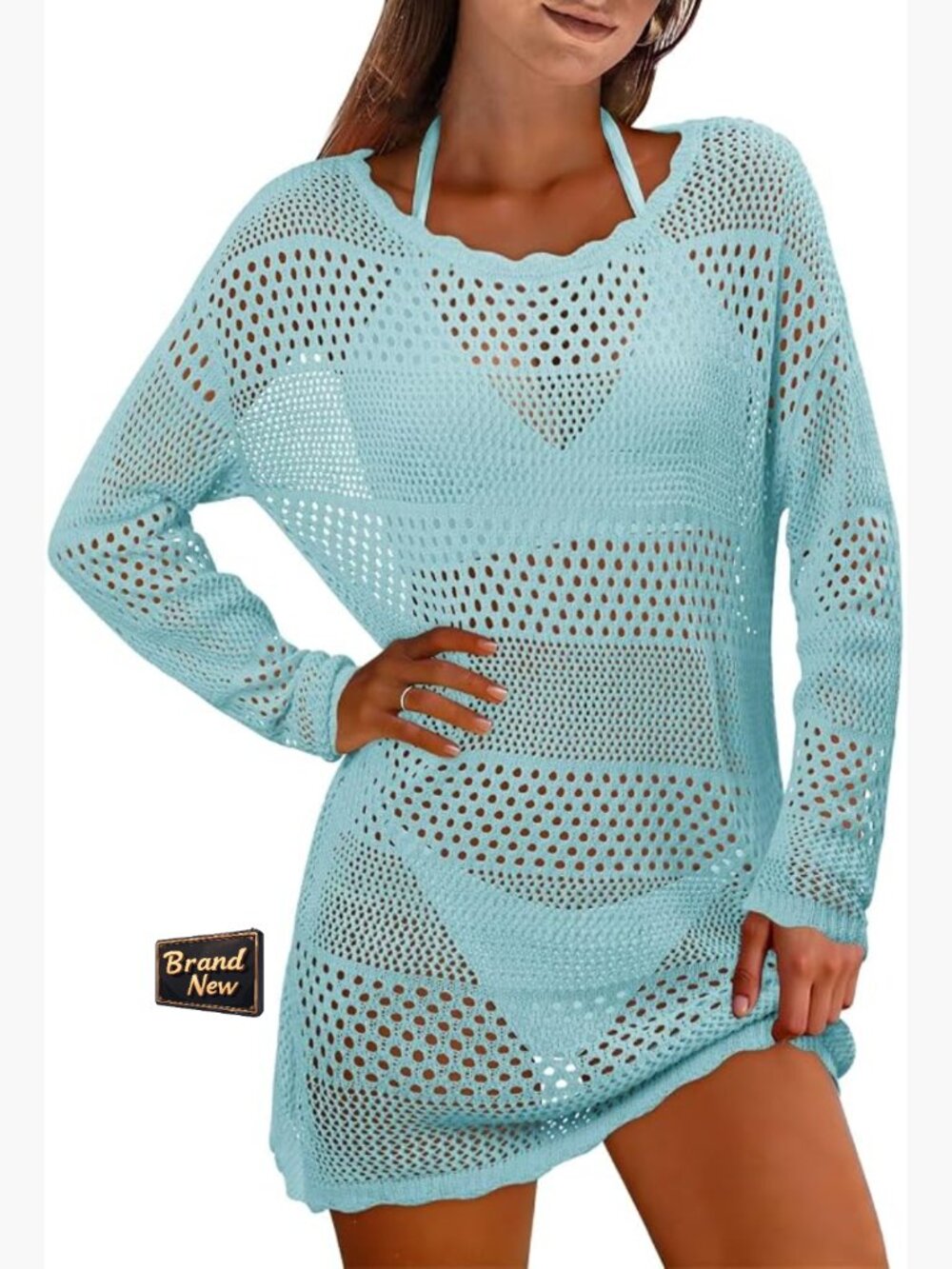 Crochet Swim Cover Up Beach Dress Vacation Clothes Long Sleeve Lightweight